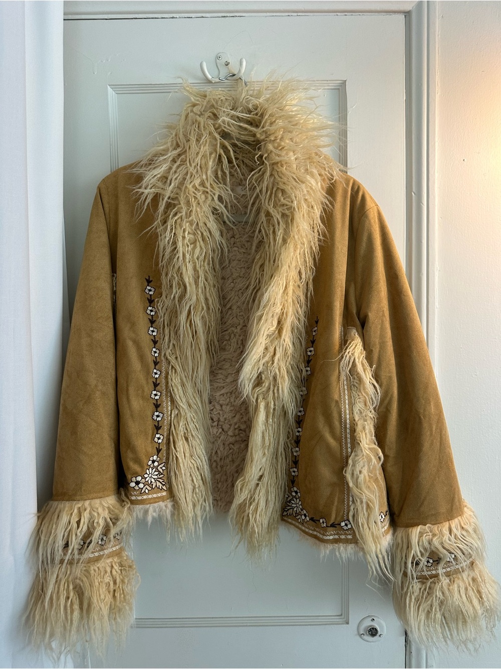 Spell Camel Faux Suede Teddy Jacket with Cream Shearling Trim